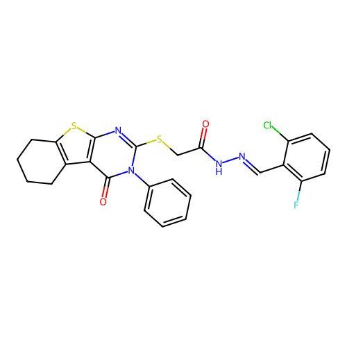 (E)-N'-(2-chloro-6-fluorobenzylidene)-2-((4-oxo-3-phenyl-3,4,5,6,7,8-hexahydrobenzo[4,5]thieno[2,3-d]pyrimidin-2-yl)thio)acetohydrazide structure