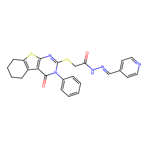 (E)-2-((4-oxo-3-phenyl-3,4,5,6,7,8-hexahydrobenzo[4,5]thieno[2,3-d]pyrimidin-2-yl)thio)-N'-(pyridin-4-ylmethylene)acetohydrazide structure