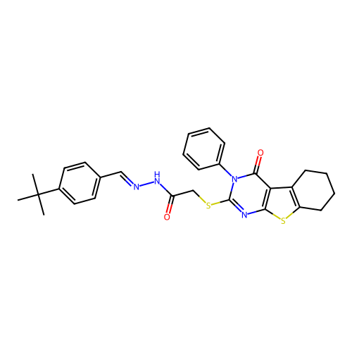 (E)-N'-(4-(tert-butyl)benzylidene)-2-((4-oxo-3-phenyl-3,4,5,6,7,8-hexahydrobenzo[4,5]thieno[2,3-d]pyrimidin-2-yl)thio)acetohydrazide structure