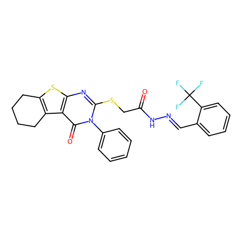 (E)-2-((4-oxo-3-phenyl-3,4,5,6,7,8-hexahydrobenzo[4,5]thieno[2,3-d]pyrimidin-2-yl)thio)-N'-(2-(trifluoromethyl)benzylidene)acetohydrazide structure