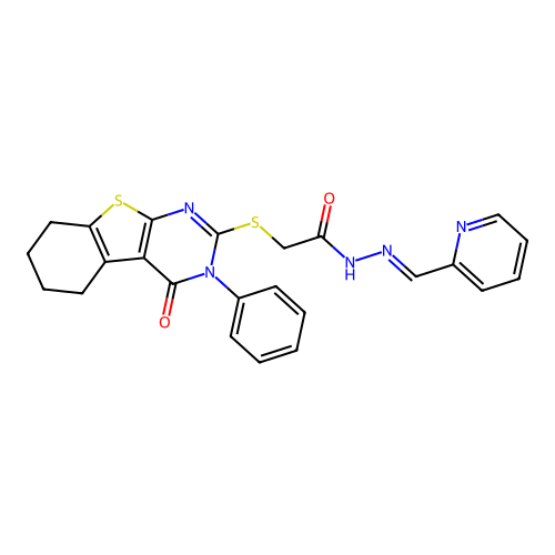(E)-2-((4-oxo-3-phenyl-3,4,5,6,7,8-hexahydrobenzo[4,5]thieno[2,3-d]pyrimidin-2-yl)thio)-N'-(pyridin-2-ylmethylene)acetohydrazide structure