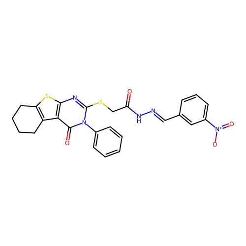(E)-N'-(3-nitrobenzylidene)-2-((4-oxo-3-phenyl-3,4,5,6,7,8-hexahydrobenzo[4,5]thieno[2,3-d]pyrimidin-2-yl)thio)acetohydrazide structure