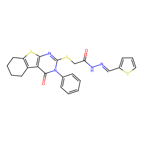 (E)-2-((4-oxo-3-phenyl-3,4,5,6,7,8-hexahydrobenzo[4,5]thieno[2,3-d]pyrimidin-2-yl)thio)-N'-(thiophen-2-ylmethylene)acetohydrazide structure