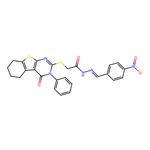 (E)-N'-(4-nitrobenzylidene)-2-((4-oxo-3-phenyl-3,4,5,6,7,8-hexahydrobenzo[4,5]thieno[2,3-d]pyrimidin-2-yl)thio)acetohydrazide structure