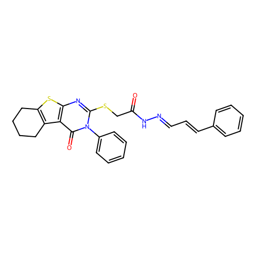 (E)-2-((4-oxo-3-phenyl-3,4,5,6,7,8-hexahydrobenzo[4,5]thieno[2,3-d]pyrimidin-2-yl)thio)-N'-((E)-3-phenylallylidene)acetohydrazide structure