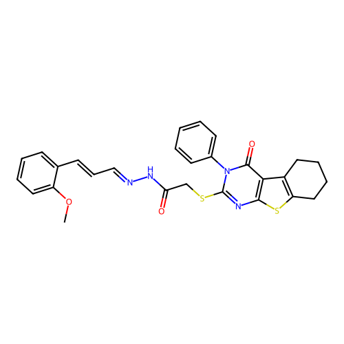 (E)-N'-((E)-3-(2-methoxyphenyl)allylidene)-2-((4-oxo-3-phenyl-3,4,5,6,7,8-hexahydrobenzo[4,5]thieno[2,3-d]pyrimidin-2-yl)thio)acetohydrazide structure