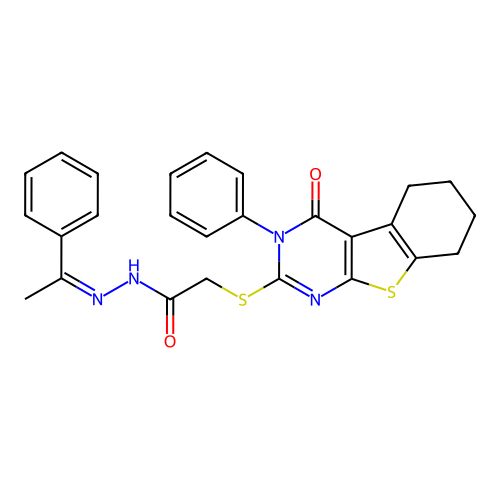 (Z)-2-((4-oxo-3-phenyl-3,4,5,6,7,8-hexahydrobenzo[4,5]thieno[2,3-d]pyrimidin-2-yl)thio)-N'-(1-phenylethylidene)acetohydrazide structure
