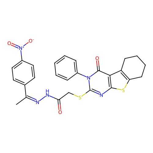 (Z)-N'-(1-(4-nitrophenyl)ethylidene)-2-((4-oxo-3-phenyl-3,4,5,6,7,8-hexahydrobenzo[4,5]thieno[2,3-d]pyrimidin-2-yl)thio)acetohydrazide structure