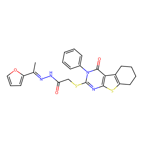(E)-N'-(1-(furan-2-yl)ethylidene)-2-((4-oxo-3-phenyl-3,4,5,6,7,8-hexahydrobenzo[4,5]thieno[2,3-d]pyrimidin-2-yl)thio)acetohydrazide structure