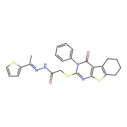 (E)-2-((4-oxo-3-phenyl-3,4,5,6,7,8-hexahydrobenzo[4,5]thieno[2,3-d]pyrimidin-2-yl)thio)-N'-(1-(thiophen-2-yl)ethylidene)acetohydrazide structure