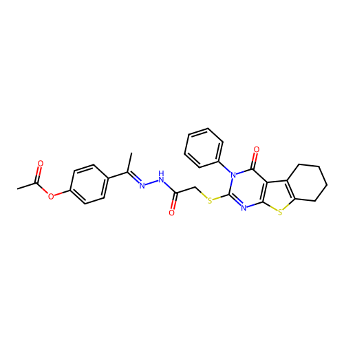 (E)-4-(1-(2-(2-((4-oxo-3-phenyl-3,4,5,6,7,8-hexahydrobenzo[4,5]thieno[2,3-d]pyrimidin-2-yl)thio)acetyl)hydrazono)ethyl)phenyl acetate structure