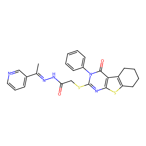 (E)-2-((4-oxo-3-phenyl-3,4,5,6,7,8-hexahydrobenzo[4,5]thieno[2,3-d]pyrimidin-2-yl)thio)-N'-(1-(pyridin-3-yl)ethylidene)acetohydrazide structure
