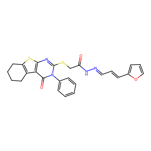 (E)-N'-((E)-3-(furan-2-yl)allylidene)-2-((4-oxo-3-phenyl-3,4,5,6,7,8-hexahydrobenzo[4,5]thieno[2,3-d]pyrimidin-2-yl)thio)acetohydrazide structure