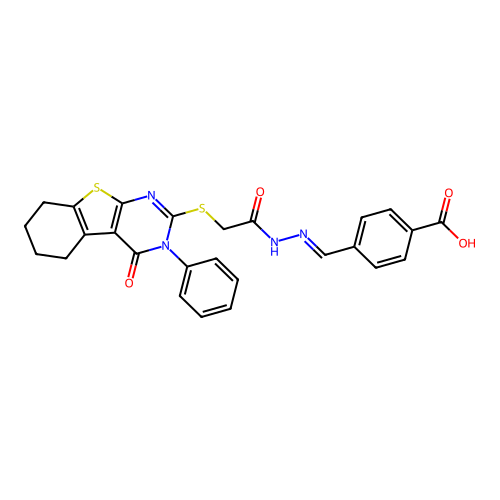 (E)-4-((2-(2-((4-oxo-3-phenyl-3,4,5,6,7,8-hexahydrobenzo[4,5]thieno[2,3-d]pyrimidin-2-yl)thio)acetyl)hydrazono)methyl)benzoic acid structure
