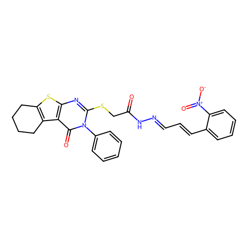 (E)-N'-((E)-3-(2-nitrophenyl)allylidene)-2-((4-oxo-3-phenyl-3,4,5,6,7,8-hexahydrobenzo[4,5]thieno[2,3-d]pyrimidin-2-yl)thio)acetohydrazide structure