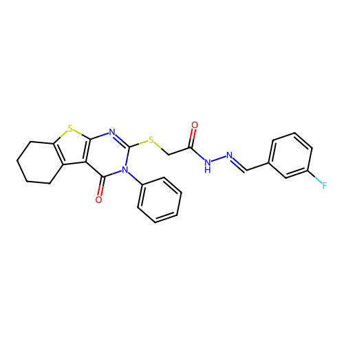 (E)-N'-(3-fluorobenzylidene)-2-((4-oxo-3-phenyl-3,4,5,6,7,8-hexahydrobenzo[4,5]thieno[2,3-d]pyrimidin-2-yl)thio)acetohydrazide structure
