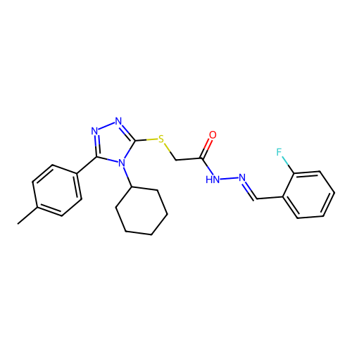 (E)-2-((4-cyclohexyl-5-(p-tolyl)-4H-1,2,4-triazol-3-yl)thio)-N'-(2-fluorobenzylidene)acetohydrazide structure