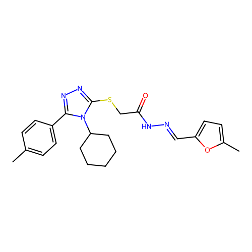 (E)-2-((4-cyclohexyl-5-(p-tolyl)-4H-1,2,4-triazol-3-yl)thio)-N'-((5-methylfuran-2-yl)methylene)acetohydrazide structure