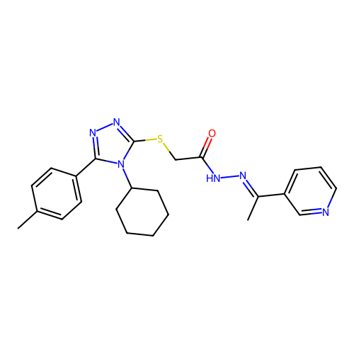 (E)-2-((4-cyclohexyl-5-(p-tolyl)-4H-1,2,4-triazol-3-yl)thio)-N'-(1-(pyridin-3-yl)ethylidene)acetohydrazide structure