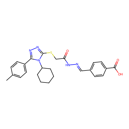 (E)-4-((2-(2-((4-cyclohexyl-5-(p-tolyl)-4H-1,2,4-triazol-3-yl)thio)acetyl)hydrazono)methyl)benzoic acid structure