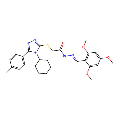 (E)-2-((4-cyclohexyl-5-(p-tolyl)-4H-1,2,4-triazol-3-yl)thio)-N'-(2,4,6-trimethoxybenzylidene)acetohydrazide structure