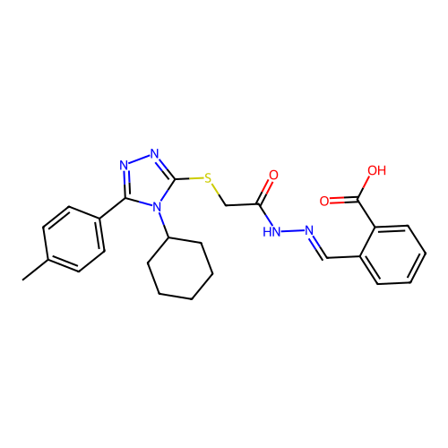 (E)-2-((2-(2-((4-cyclohexyl-5-(p-tolyl)-4H-1,2,4-triazol-3-yl)thio)acetyl)hydrazono)methyl)benzoic acid structure