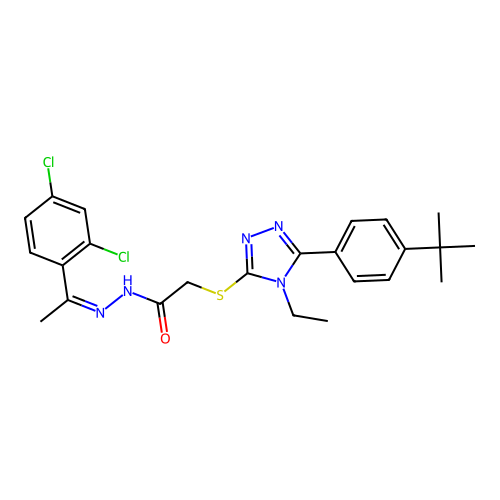 (Z)-2-((5-(4-(tert-butyl)phenyl)-4-ethyl-4H-1,2,4-triazol-3-yl)thio)-N'-(1-(2,4-dichlorophenyl)ethylidene)acetohydrazide structure