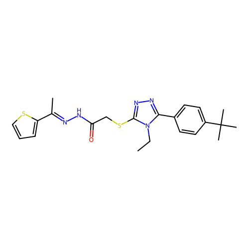 2-{[5-(4-tert-butylphenyl)-4-ethyl-4H-1,2,4-triazol-3-yl]sulfanyl}-N'-[(1E)-1-(thiophen-2-yl)ethylidene]acetohydrazide structure