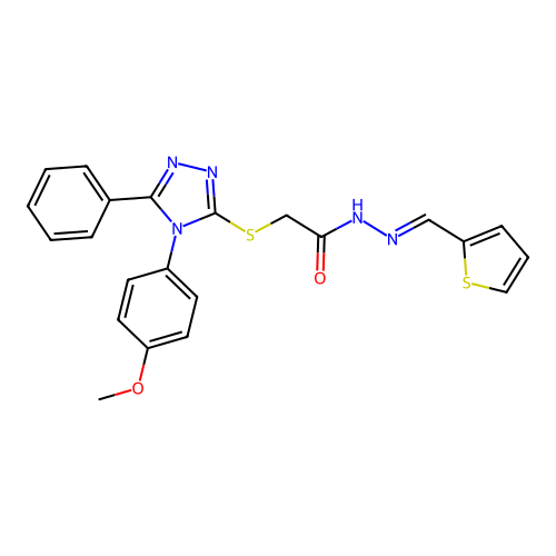(E)-2-((4-(4-methoxyphenyl)-5-phenyl-4H-1,2,4-triazol-3-yl)thio)-N'-(thiophen-2-ylmethylene)acetohydrazide structure