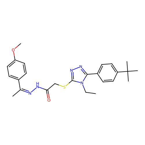 2-{[5-(4-tert-butylphenyl)-4-ethyl-4H-1,2,4-triazol-3-yl]sulfanyl}-N'-[(1Z)-1-(4-methoxyphenyl)ethylidene]acetohydrazide structure