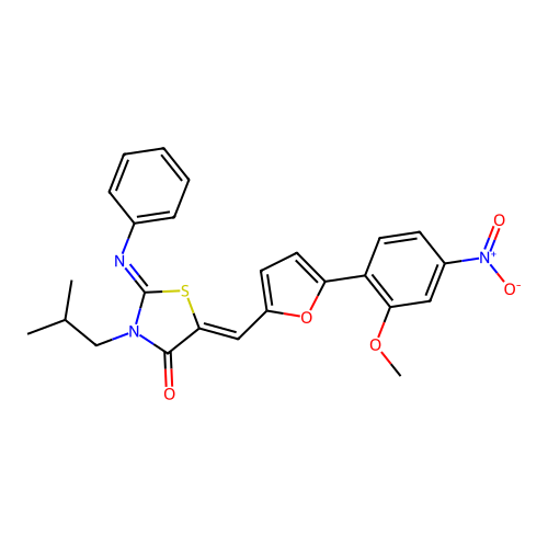 (2Z,5Z)-5-{[5-(2-methoxy-4-nitrophenyl)furan-2-yl]methylidene}-3-(2-methylpropyl)-2-(phenylimino)-1,3-thiazolidin-4-one structure