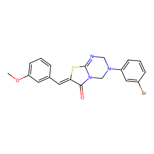(Z)-3-(3-bromophenyl)-7-(3-methoxybenzylidene)-3,4-dihydro-2H-thiazolo[3,2-a][1,3,5]triazin-6(7H)-one structure