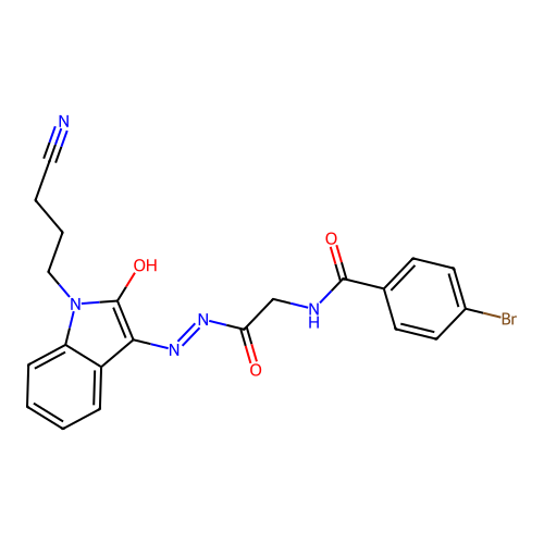 4-bromo-N-[[[1-(3-cyanopropyl)-2-oxo-indol-3-ylidene]amino]carbamoylmethyl]benzamide structure