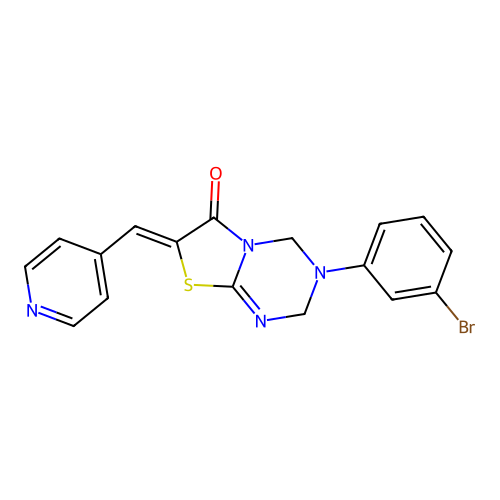 (7Z)-3-(3-bromophenyl)-7-(pyridin-4-ylmethylidene)-2,4-dihydro-[1,3]thiazolo[3,2-a][1,3,5]triazin-6-one structure