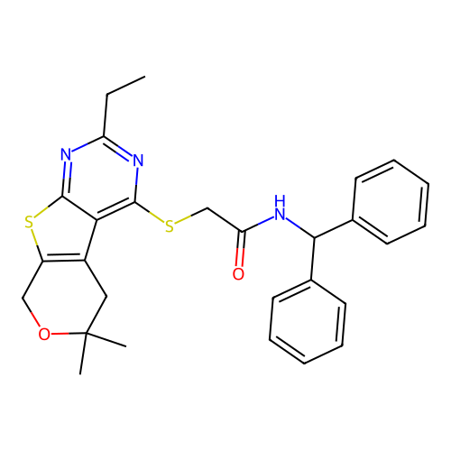 N-(diphenylmethyl)-2-[(2-ethyl-6,6-dimethyl-5,8-dihydro-6H-pyrano[4',3':4,5]thieno[2,3-d]pyrimidin-4-yl)sulfanyl]acetamide structure