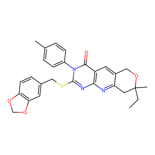 2-((benzo[d][1,3]dioxol-5-ylmethyl)thio)-8-ethyl-8-methyl-3-(p-tolyl)-8,9-dihydro-3H-pyrano[3',4':5,6]pyrido[2,3-d]pyrimidin-4(6H)-one structure
