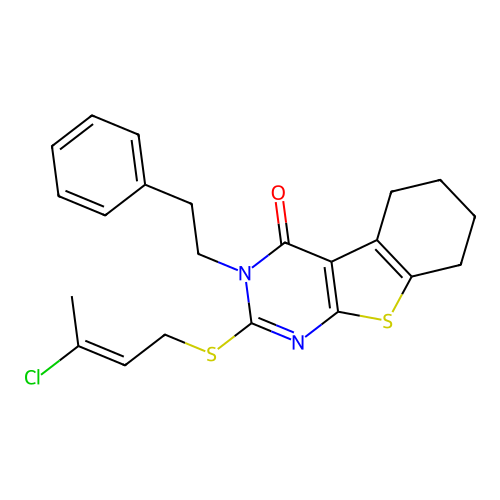 (E)-2-((3-chlorobut-2-en-1-yl)thio)-3-phenethyl-5,6,7,8-tetrahydrobenzo[4,5]thieno[2,3-d]pyrimidin-4(3H)-one structure