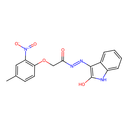 2-(4-methyl-2-nitrophenoxy)-N'-[(3E)-2-oxo-1,2-dihydro-3H-indol-3-ylidene]acetohydrazide structure