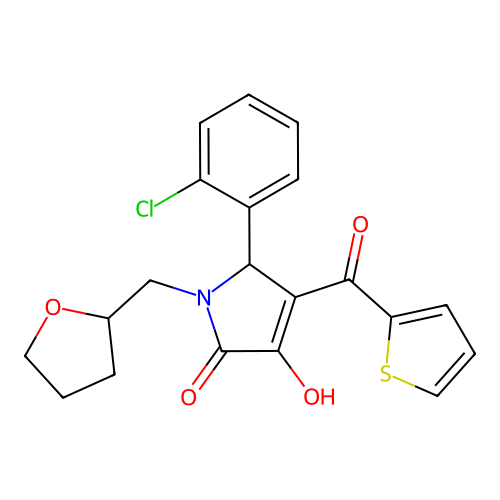 (4E)-5-(2-chlorophenyl)-4-[hydroxy(thiophen-2-yl)methylidene]-1-(tetrahydrofuran-2-ylmethyl)pyrrolidine-2,3-dione structure