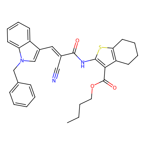 (E)-butyl 2-(3-(1-benzyl-1H-indol-3-yl)-2-cyanoacrylamido)-4,5,6,7-tetrahydrobenzo[b]thiophene-3-carboxylate structure