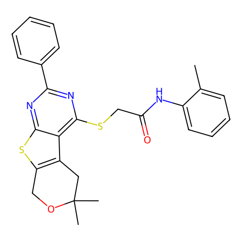 2-((6,6-dimethyl-2-phenyl-6,8-dihydro-5H-pyrano[4',3':4,5]thieno[2,3-d]pyrimidin-4-yl)thio)-N-(o-tolyl)acetamide structure