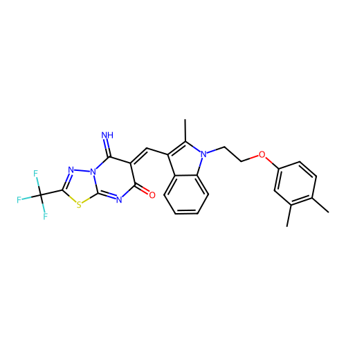 (6Z)-6-({1-[2-(3,4-dimethylphenoxy)ethyl]-2-methyl-1H-indol-3-yl}methylidene)-5-imino-2-(trifluoromethyl)-5,6-dihydro-7H-[1,3,4]thiadiazolo[3,2-a]pyrimidin-7-one structure