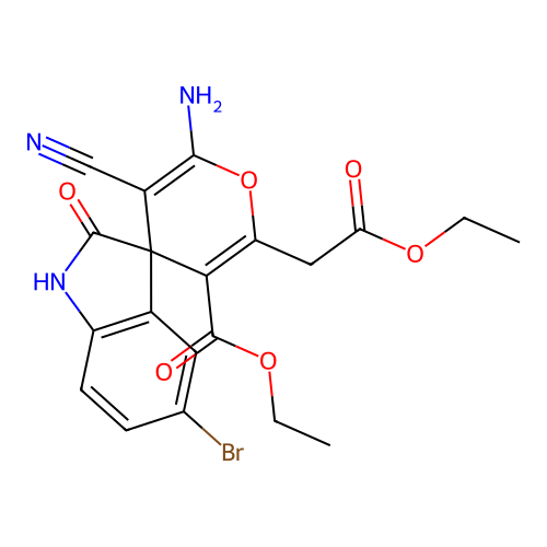 ethyl 6'-amino-5-bromo-5'-cyano-2'-(2-ethoxy-2-oxoethyl)-2-oxo-1,2-dihydrospiro[indole-3,4'-pyran]-3'-carboxylate structure