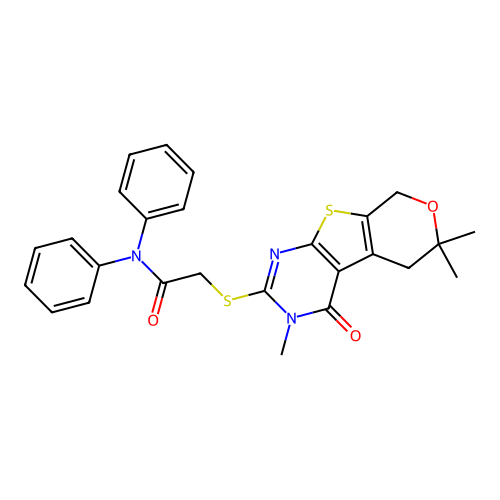 N,N-diphenyl-2-((3,6,6-trimethyl-4-oxo-4,5,6,8-tetrahydro-3H-pyrano[4',3':4,5]thieno[2,3-d]pyrimidin-2-yl)thio)acetamide structure