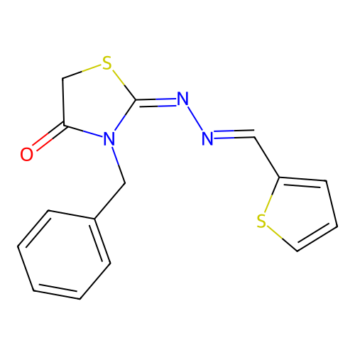 (2E)-3-benzyl-2-[(E)-2-thienylmethylenehydrazono]thiazolidin-4-one structure