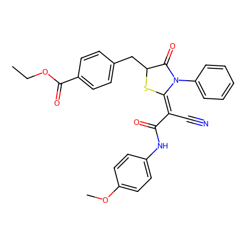 (Z)-ethyl 4-((2-(1-cyano-2-((4-methoxyphenyl)amino)-2-oxoethylidene)-4-oxo-3-phenylthiazolidin-5-yl)methyl)benzoate structure