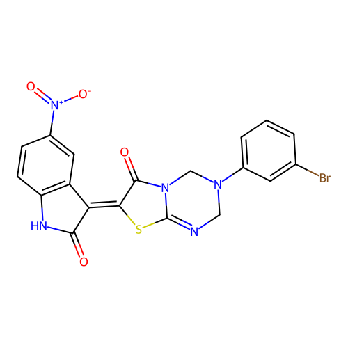(7Z)-3-(3-bromophenyl)-7-(5-nitro-2-oxo-1,2-dihydro-3H-indol-3-ylidene)-3,4-dihydro-2H-[1,3]thiazolo[3,2-a][1,3,5]triazin-6(7H)-one structure