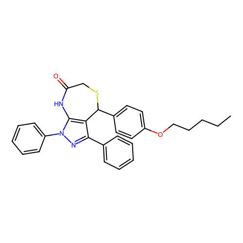 2-(4-pentoxyphenyl)-8,10-diphenyl-3-thia-6,8,9-triazabicyclo[5.3.0]deca-6,10-dien-5-one structure