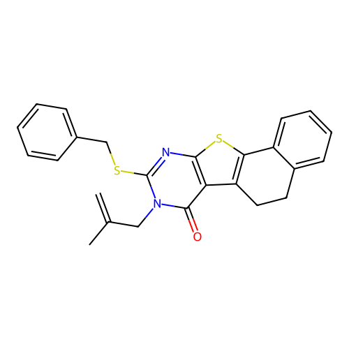 9-(benzylsulfanyl)-8-(2-methylprop-2-en-1-yl)-5,8-dihydronaphtho[2',1':4,5]thieno[2,3-d]pyrimidin-7(6H)-one structure