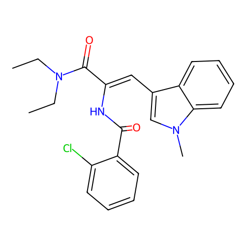 2-chloro-N-[(Z)-3-(diethylamino)-1-(1-methylindol-3-yl)-3-oxoprop-1-en-2-yl]benzamide structure
